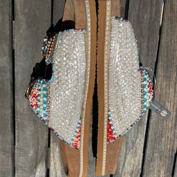 NWT House of Harlow 1960 Beaded Slides Sandals Multicolor Rainbow